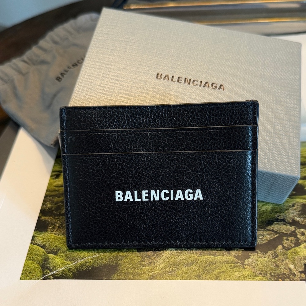 Balenciaga Black Textured Leather Card Holder with White Logo - Picture 2 of 6